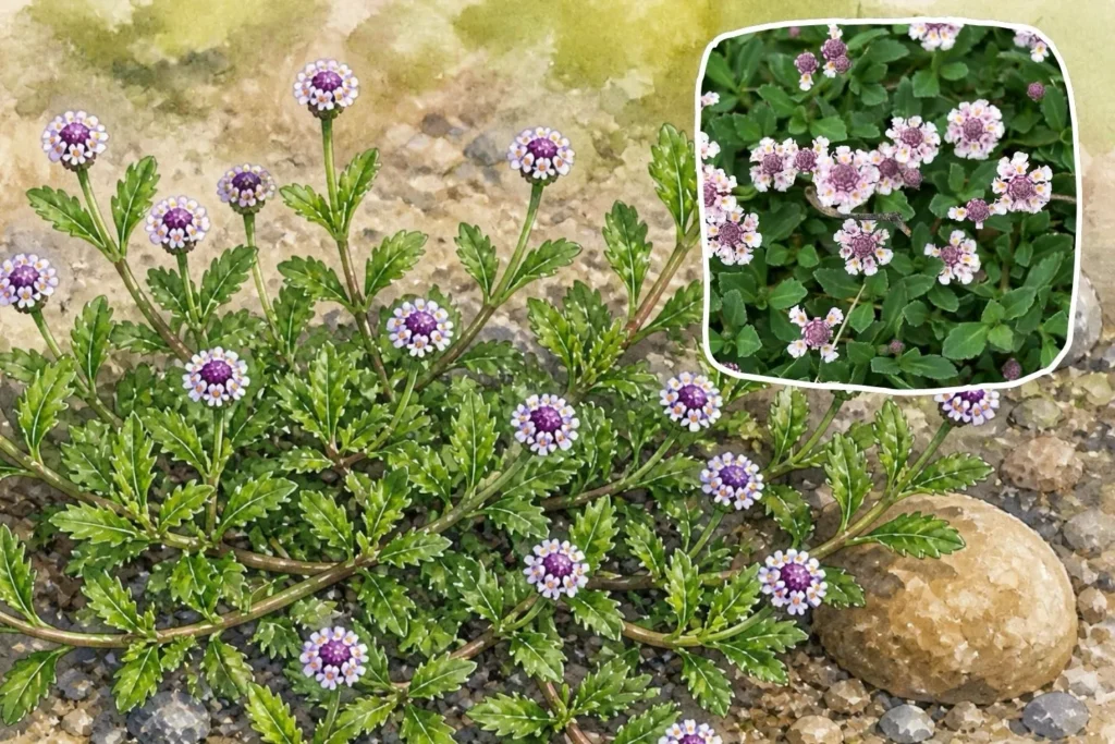 Aquarell-Illustration der Teppichverbene (Phyla nodiflora) als kriechender Bodendecker mit kleinen rosa-weißen Blüten