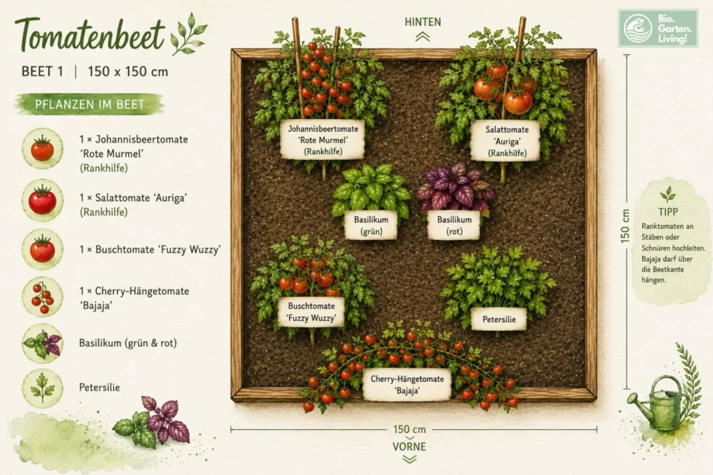 Illustrierter Bepflanzungsplan für ein Tomatenbeet mit Johannisbeertomate, Salattomate, Buschtomate, Hängetomate, Basilikum und Petersilie auf 150x150 cm.