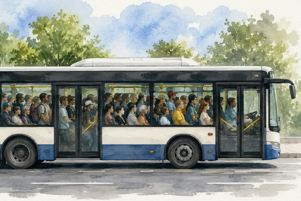 Voll besetzter Linienbus im Aquarellstil von der Seite
