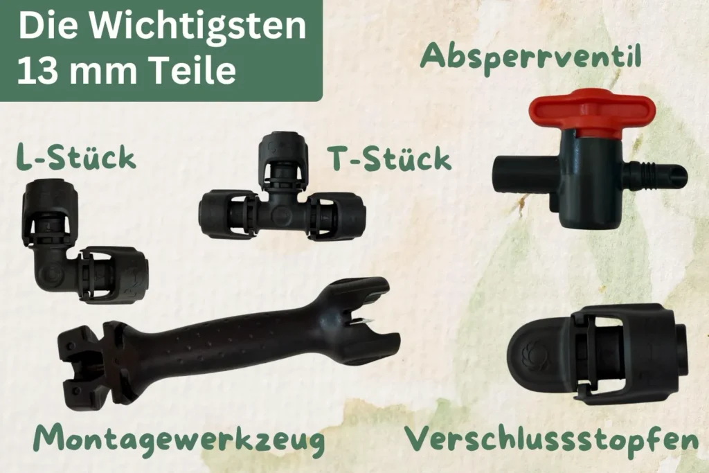 Übersicht wichtiger Bauteile des 13-mm-Bewässerungssystems mit T-Stück, L-Stück und Verschlussstopfen