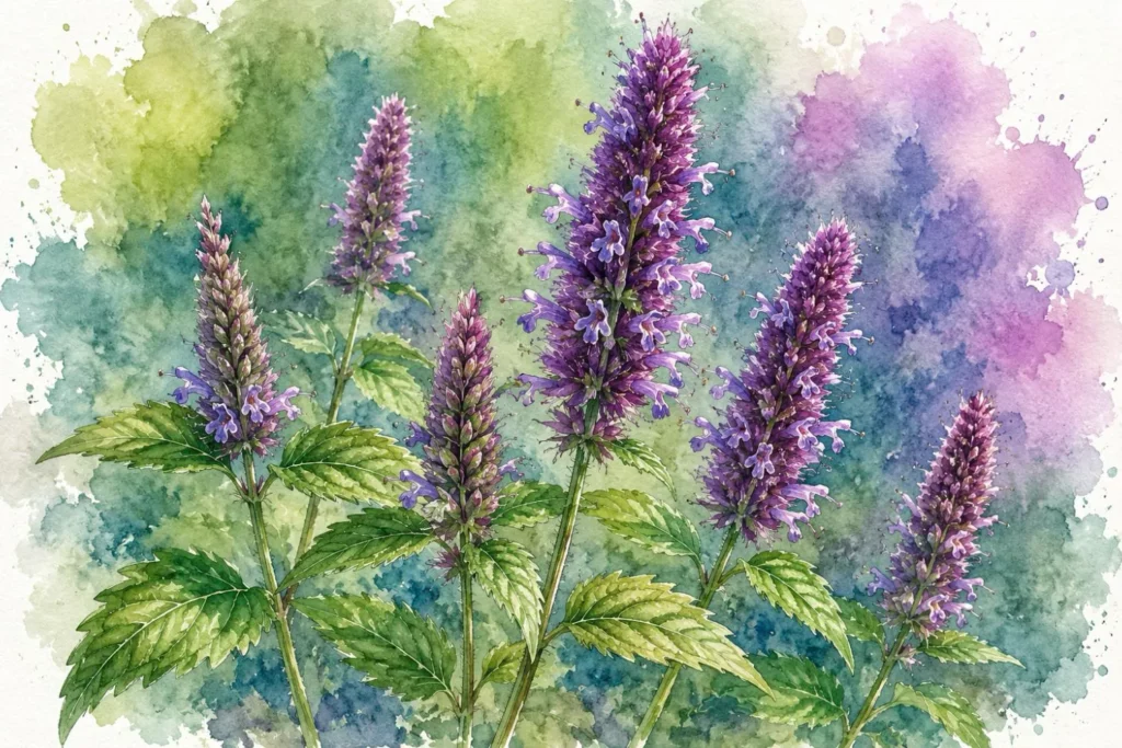 Botanische Aquarellillustration von violetten Agastache-Blüten