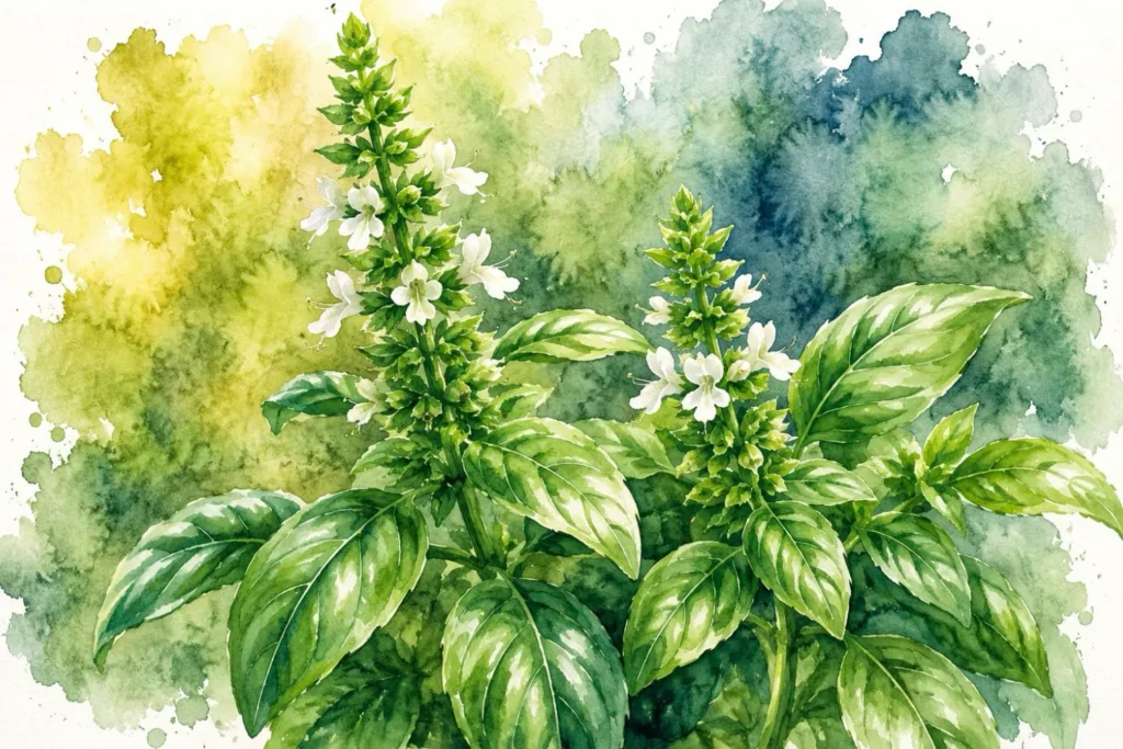 Botanische Aquarellillustration von blühendem Basilikum mit weißen Blütenständen