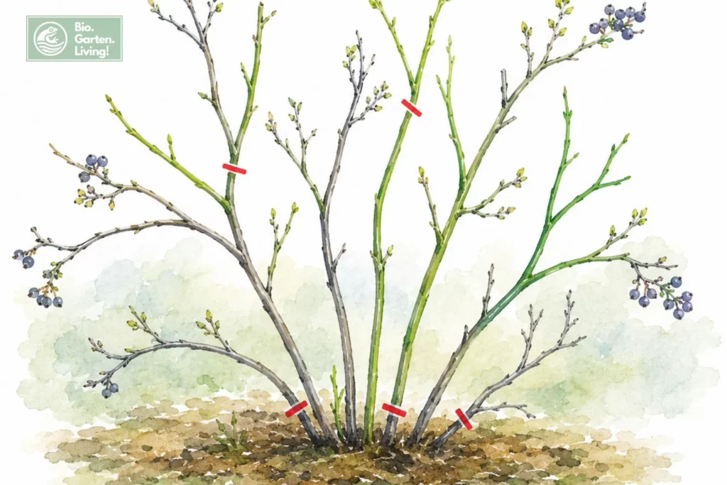 Illustration eines Verjüngungsschnitts bei einer Blaubeere