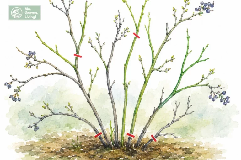 Blaubeeren schneiden: So bleiben Heidelbeeren vital & ertragreich Illustration eines Verjüngungsschnitts bei einer Blaubeere