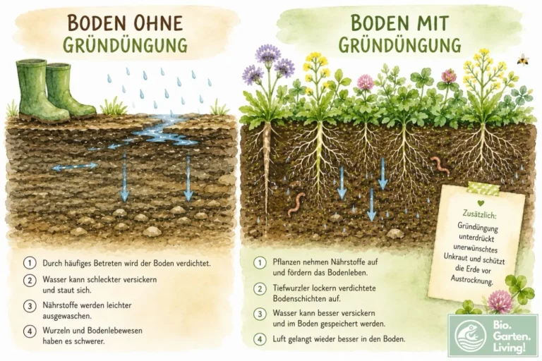 Gründüngung: So verbesserst du deinen Boden natürlich Vergleichsillustration von Boden ohne und mit Gründüngung im Aquarellstil
