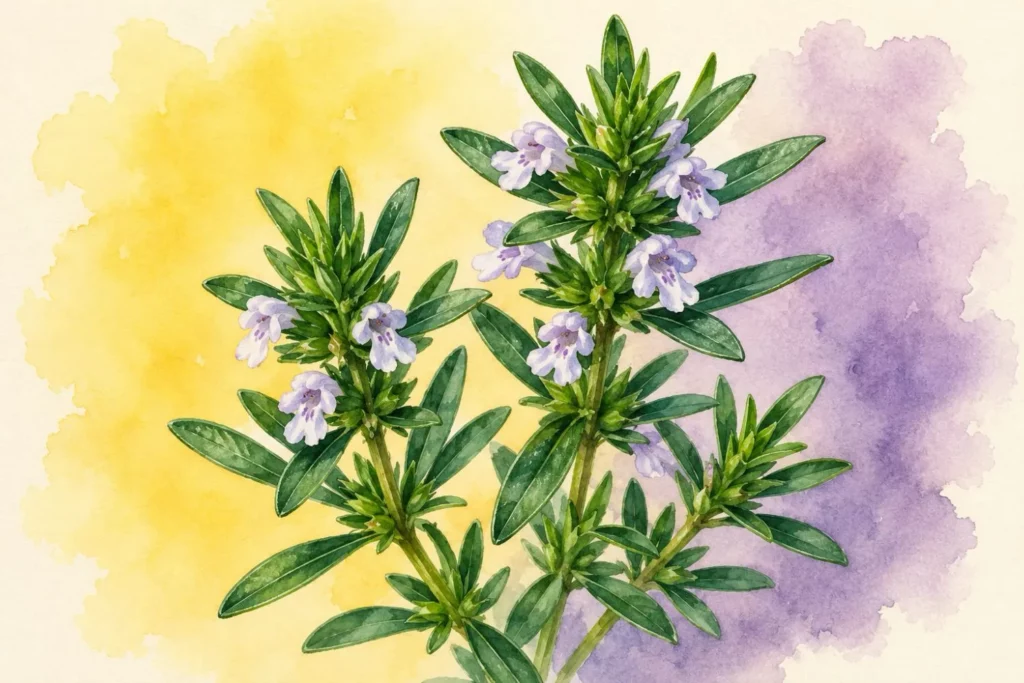 Aquarellbild von Bohnenkraut mit kleinen hellvioletten Blüten