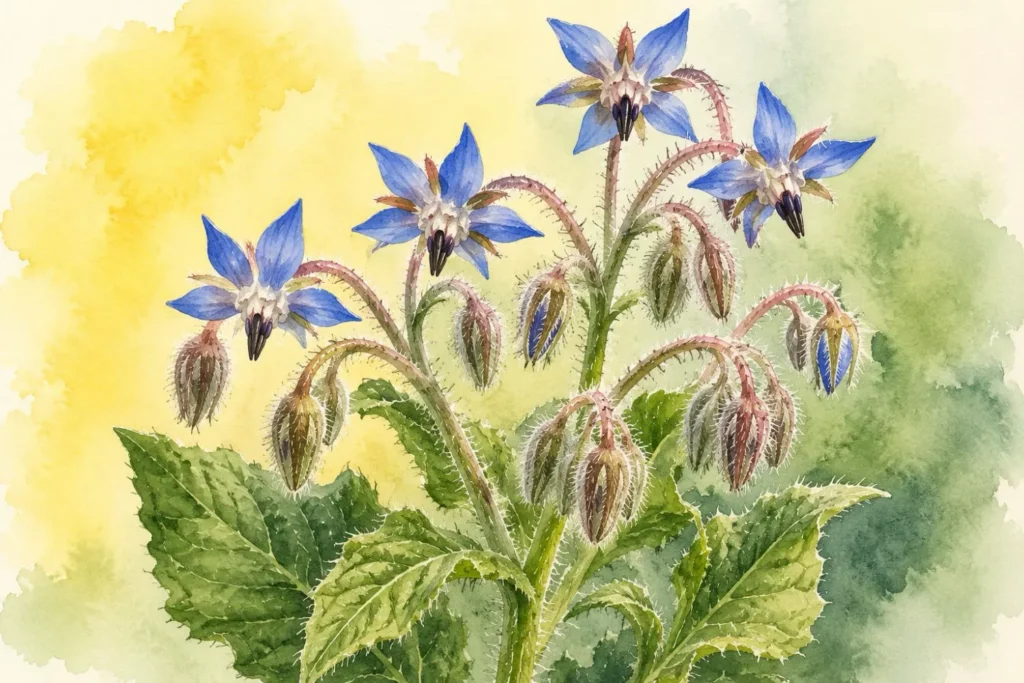 Aquarellbild von Borretsch mit blauen Sternblüten und behaarten Stängeln