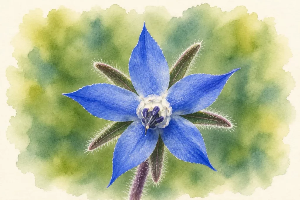 Sternförmige blaue Borretschblüte als botanische Aquarellillustration