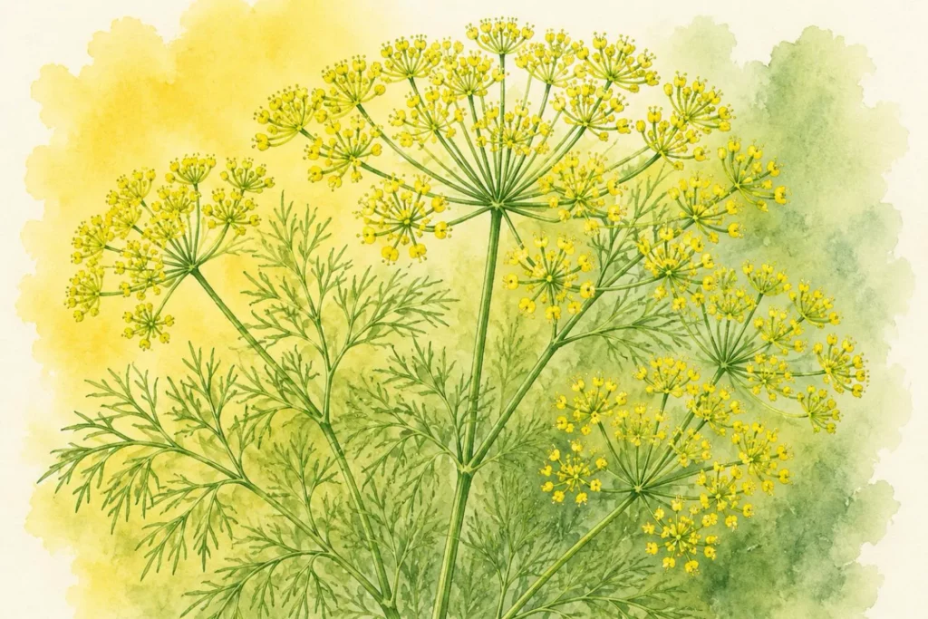 Botanisches Aquarell von Dill mit gelben Doldenblüten und feinem gefiedertem Laub