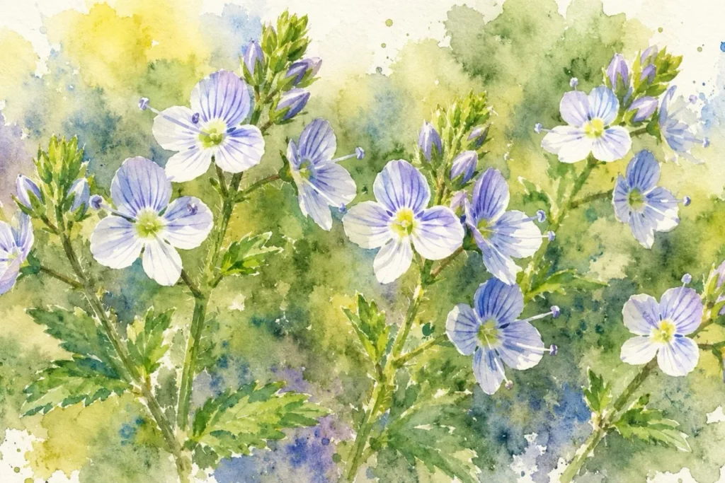 Botanische Aquarellillustration von hellblauen Ehrenpreisblüten