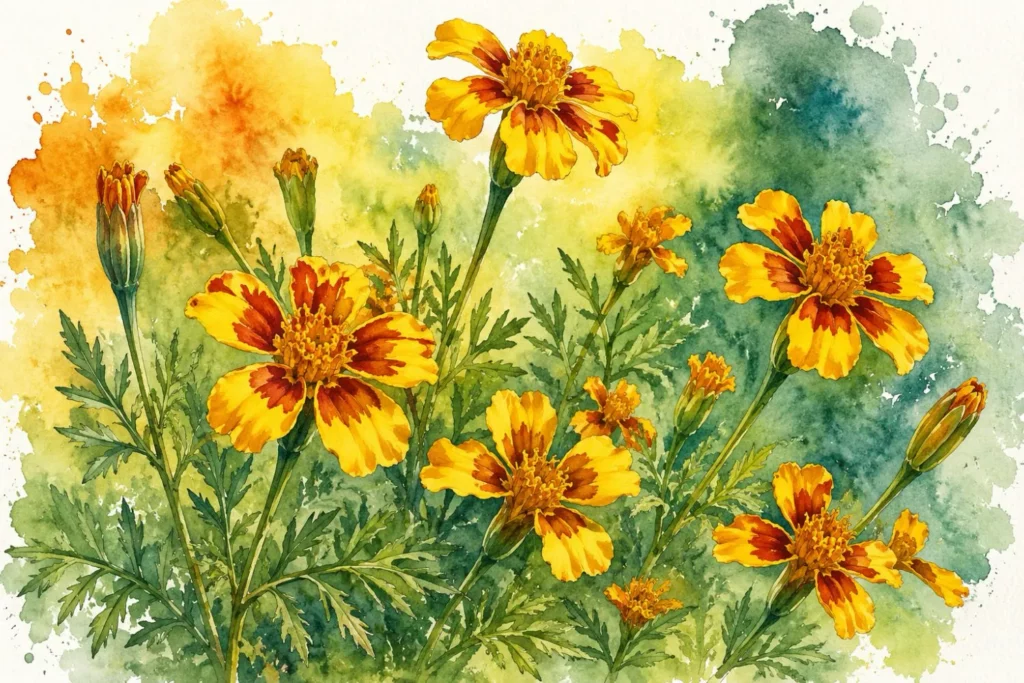 Botanische Aquarellillustration von orange-gelben Gewürztagetes-Blüten