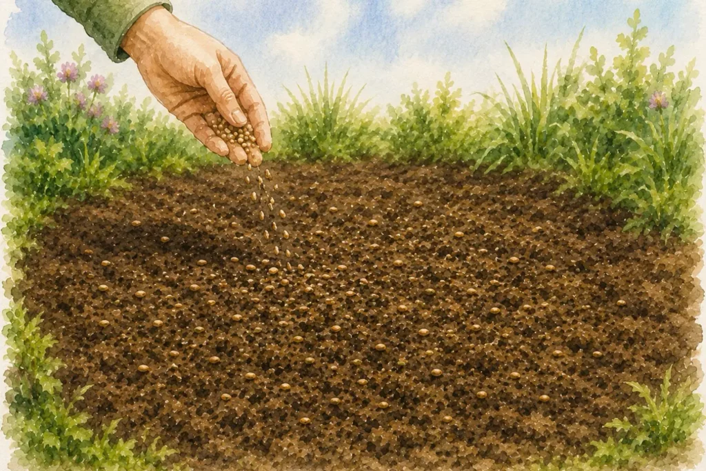 Aquarellillustration einer Hand, die Gründüngungssamen auf ein vorbereitetes Beet aussät