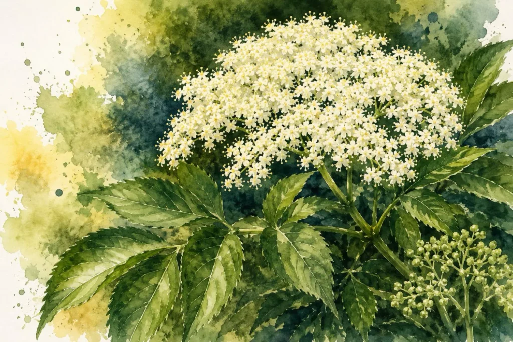Botanische Aquarellillustration von cremeweißen Holunderblüten