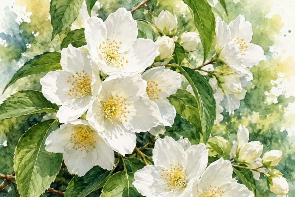 Botanische Aquarellillustration von weißen Jasminblüten