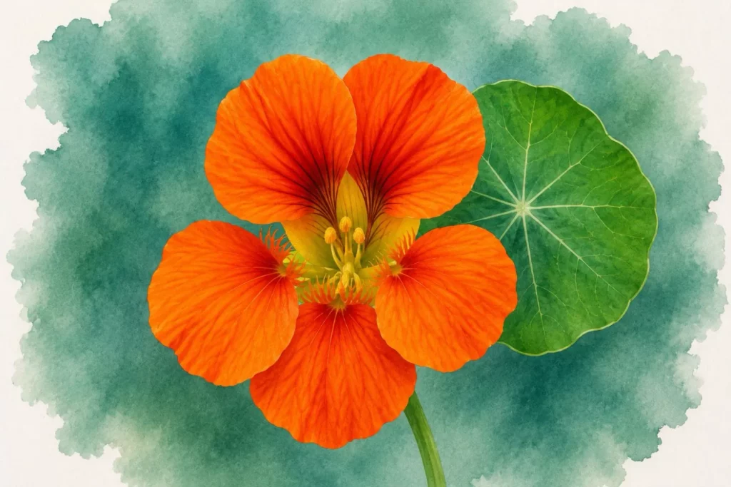 Leuchtend orange Kapuzinerkresse mit rundem Blatt als botanische Aquarellillustration