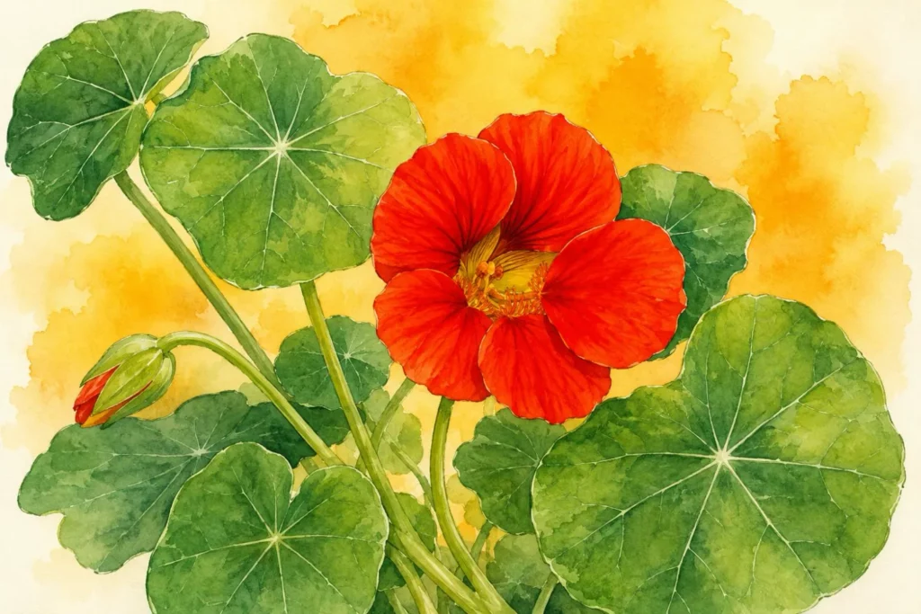 Botanische Aquarellillustration einer rot blühenden Kapuzinerkresse mit runden Blättern