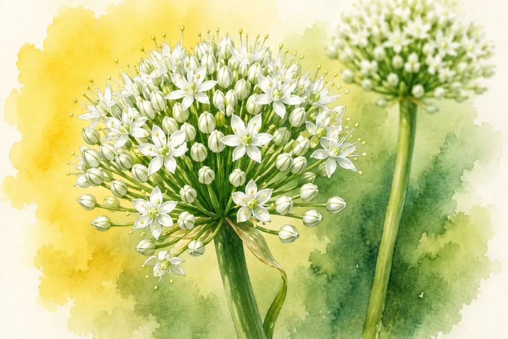 Botanisches Aquarell einer weißen Knoblauchblüte auf langem Stängel