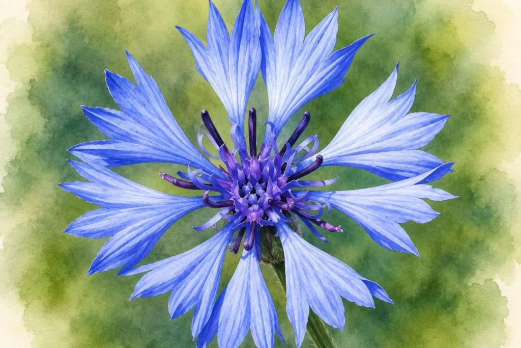 Detailreiche blaue Kornblume im botanischen Aquarellstil