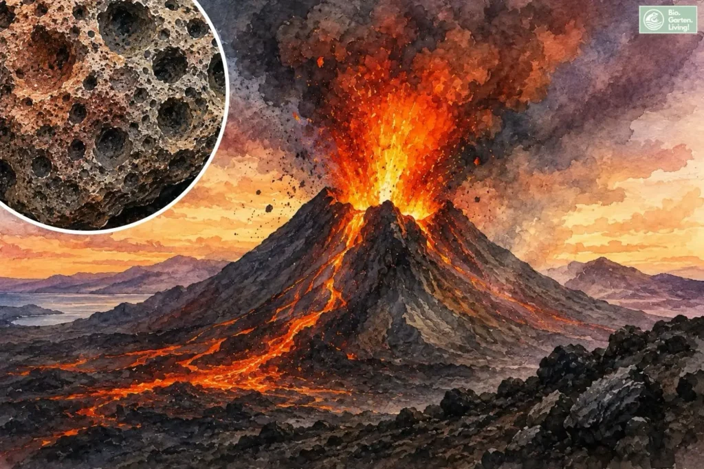 Illustration eines Vulkanausbruchs und poröses Lavagestein als Ursprung von Lavamulch