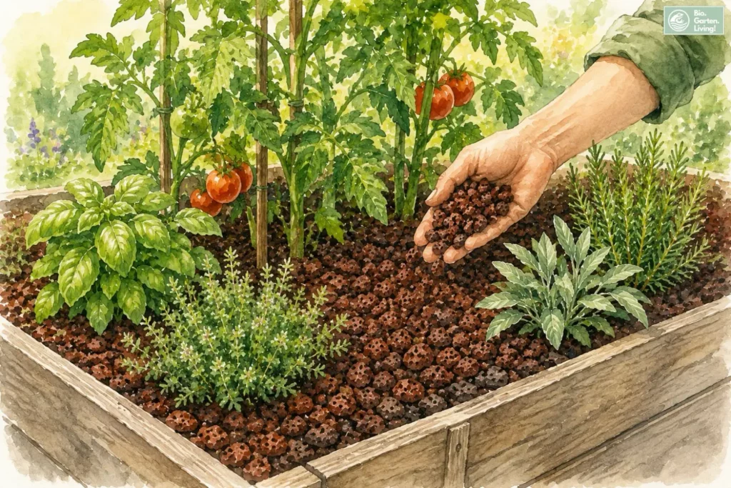 Lavamulch wird zwischen Tomaten und Kräutern im Hochbeet verteilt (Aquarell-Illustration)