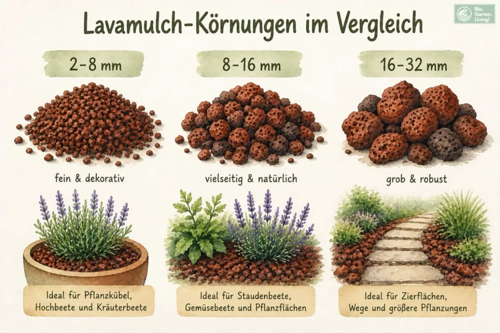 Vergleich verschiedener Lavamulch-Körnungen von 2 bis 32 Millimetern (Aquarell-Illustration)