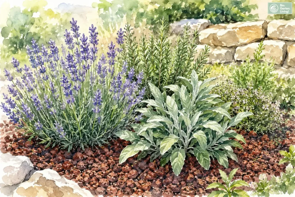 Mediterranes Beet mit Lavendel, Salbei und Lavamulch (Aquarell-Illustration)
