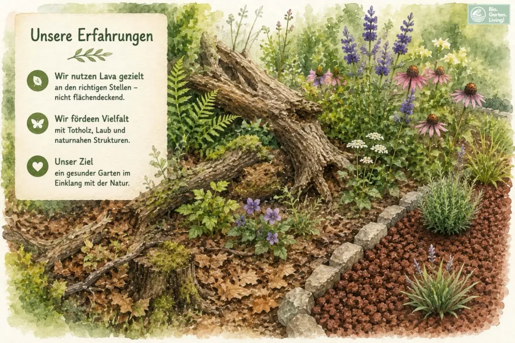 Naturnaher Garten mit Totholz, Wildstauden und einem kleinen Bereich mit Lavamulch (Aquarell-Illustration)