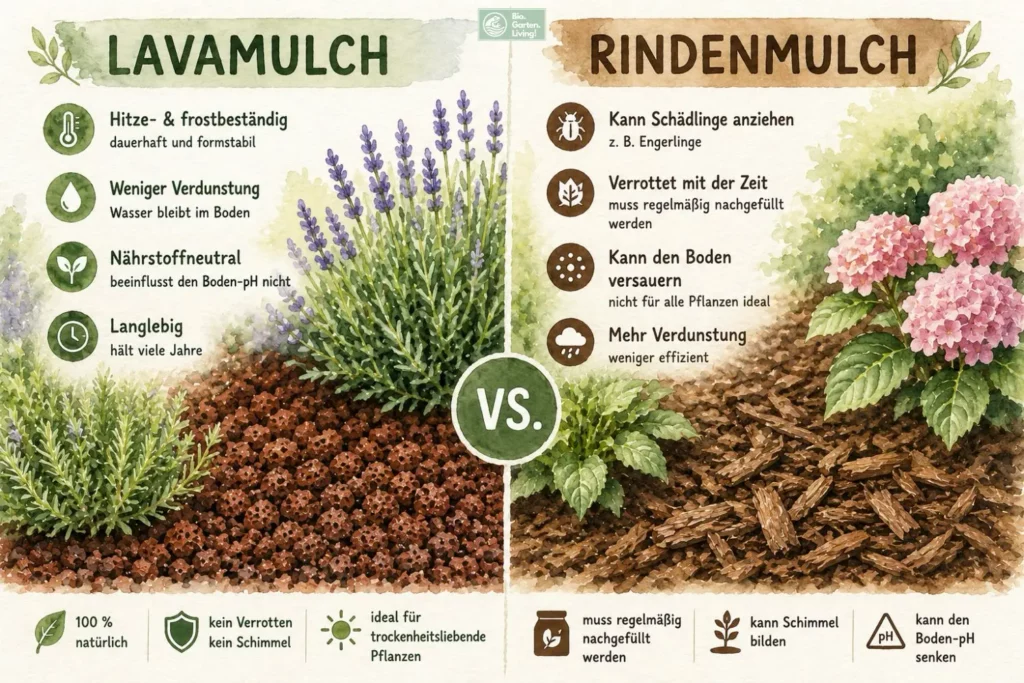 Lavamulch und Rindenmulch erfüllen unterschiedliche Aufgaben und eignen sich für verschiedene Gartenbereiche. (Aquarell-Illustration)