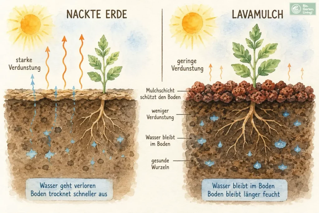 Vergleich zwischen nackter Erde und Lavamulch bei Verdunstung (Aquarell-Illustration)