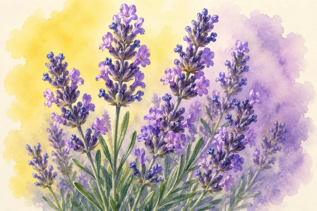 Aquarellillustration blühender Lavendelähren in Violett