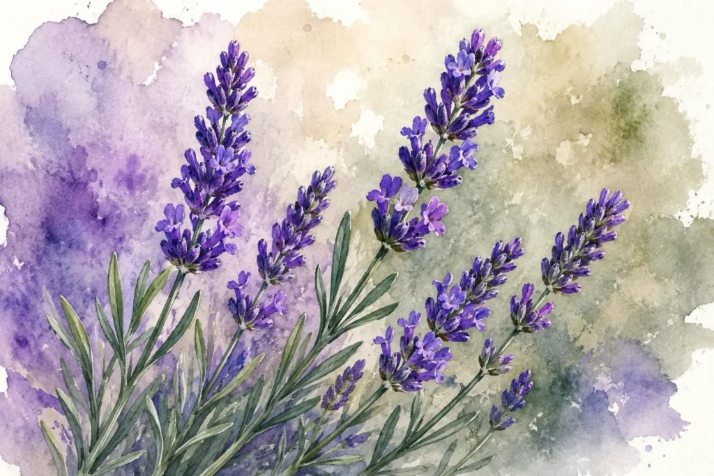 Botanische Aquarellillustration von violetten Lavendelblüten