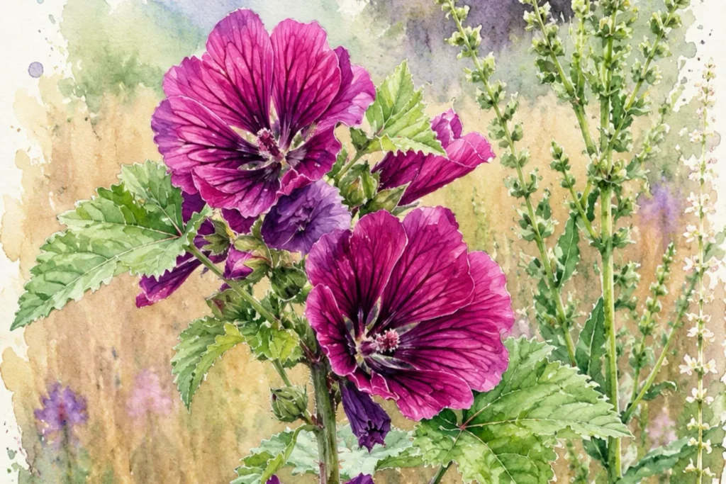 Botanische Aquarellillustration von violett-pinken Malvenblüten