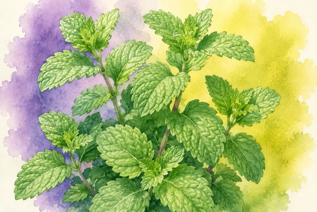 Botanisches Aquarell von frischer Minze mit gezähnten grünen Blättern