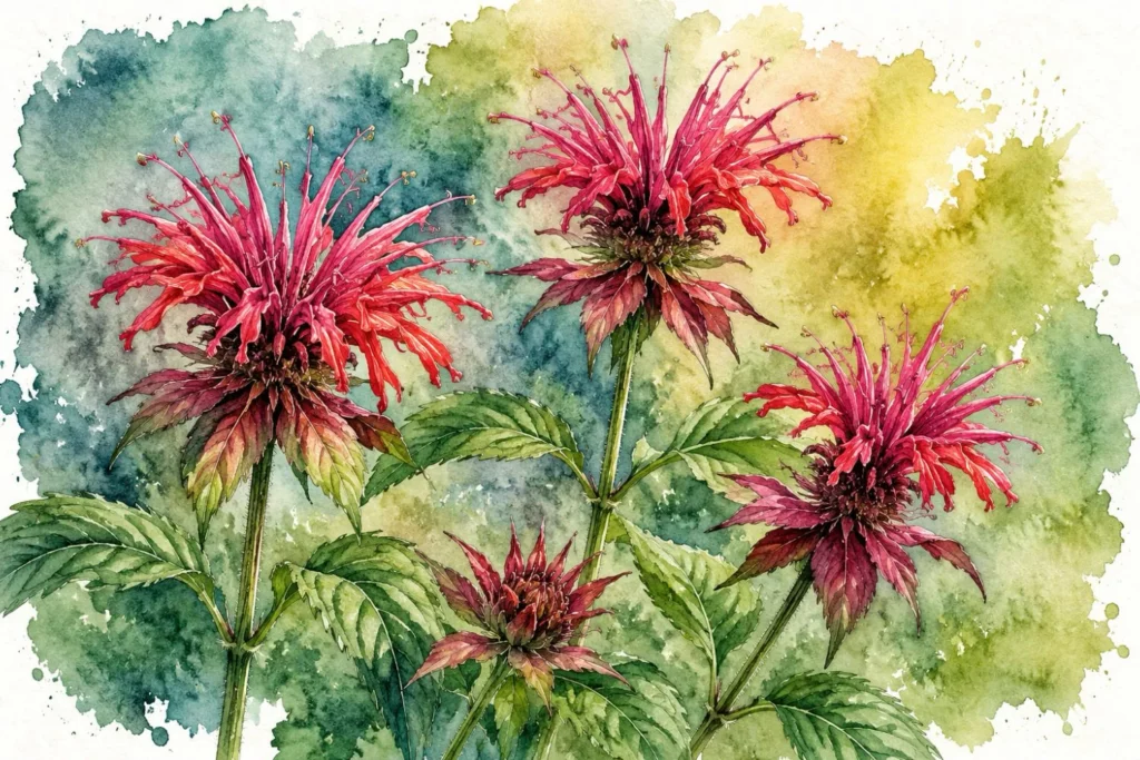 Botanische Aquarellillustration von roten Monardenblüten