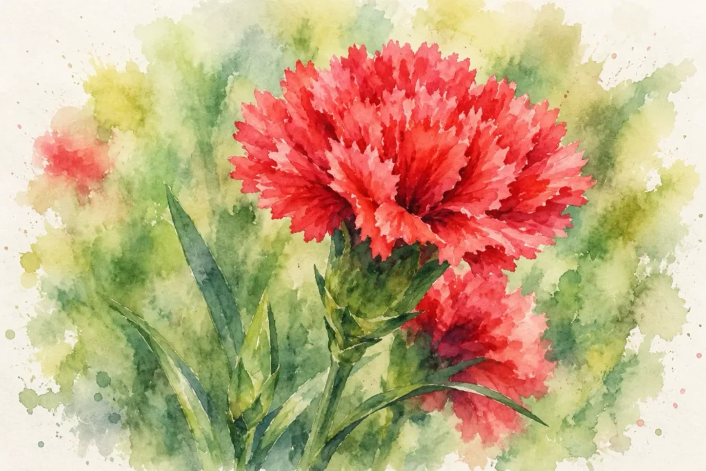 Botanische Aquarellillustration einer roten Nelkenblüte