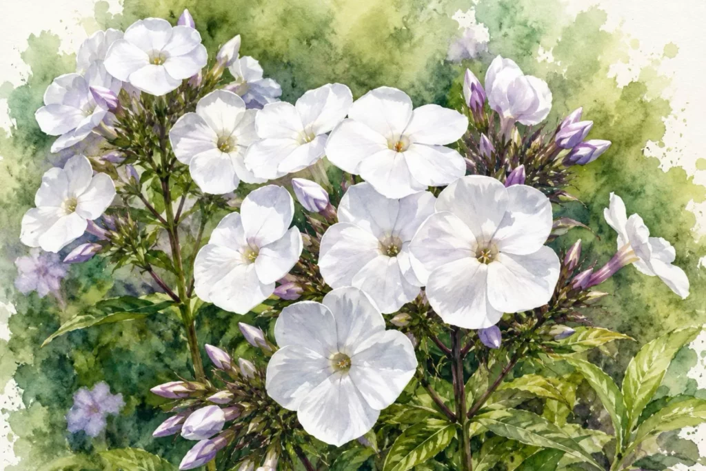 Botanische Aquarellillustration von weißen Phloxblüten