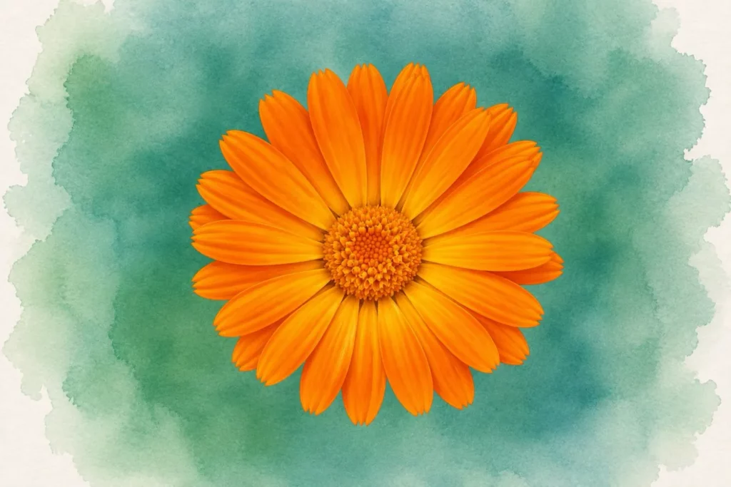 Orange Ringelblume als botanische Aquarellillustration vor türkisfarbenem Hintergrund