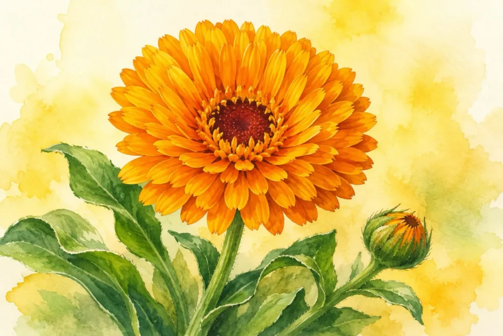 Aquarellillustration einer orangefarbenen Ringelblume mit Knospe vor hellem Hintergrund