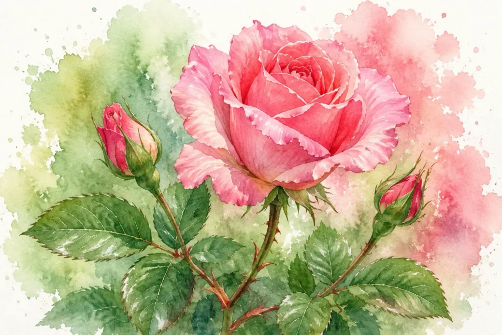 Botanische Aquarellillustration einer rosa Duftrose