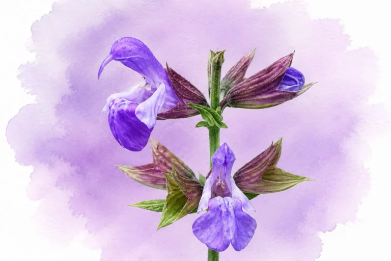 Essbare Blüten im Garten – Blumen und Kräuter für die Küche Botanische Aquarellillustration einer violetten Salbeiblüte mit Knospen