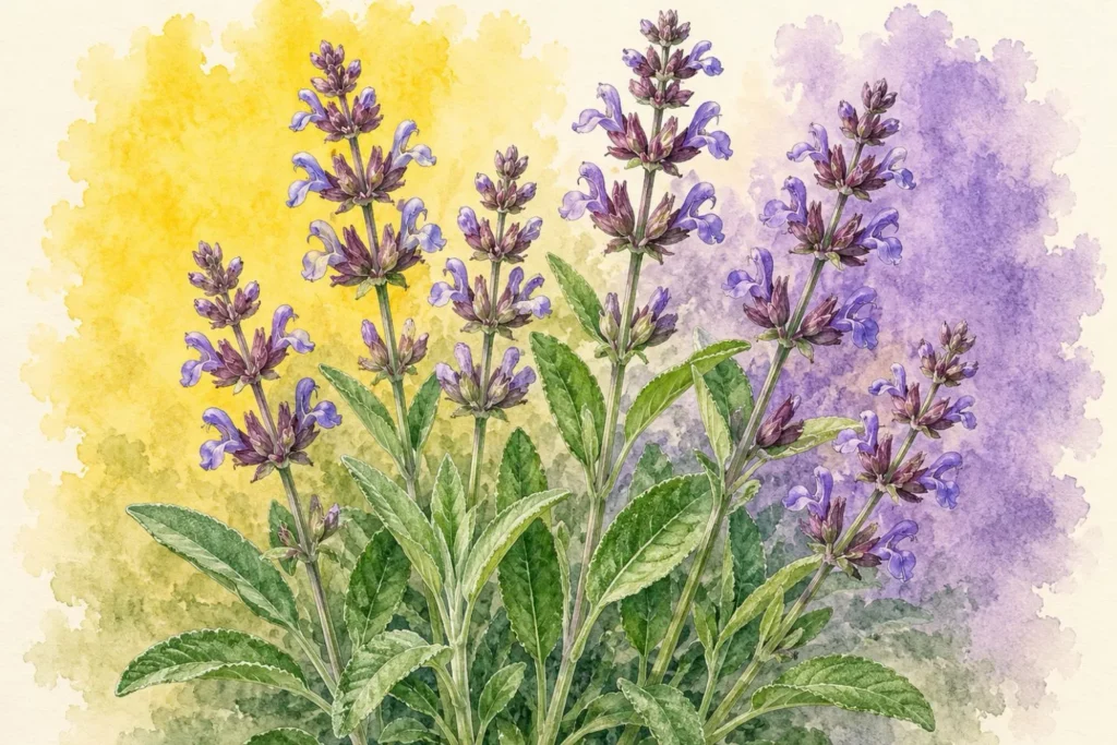 Aquarellillustration von blühendem Salbei mit violettblauen Blütenständen und graugrünen Blättern