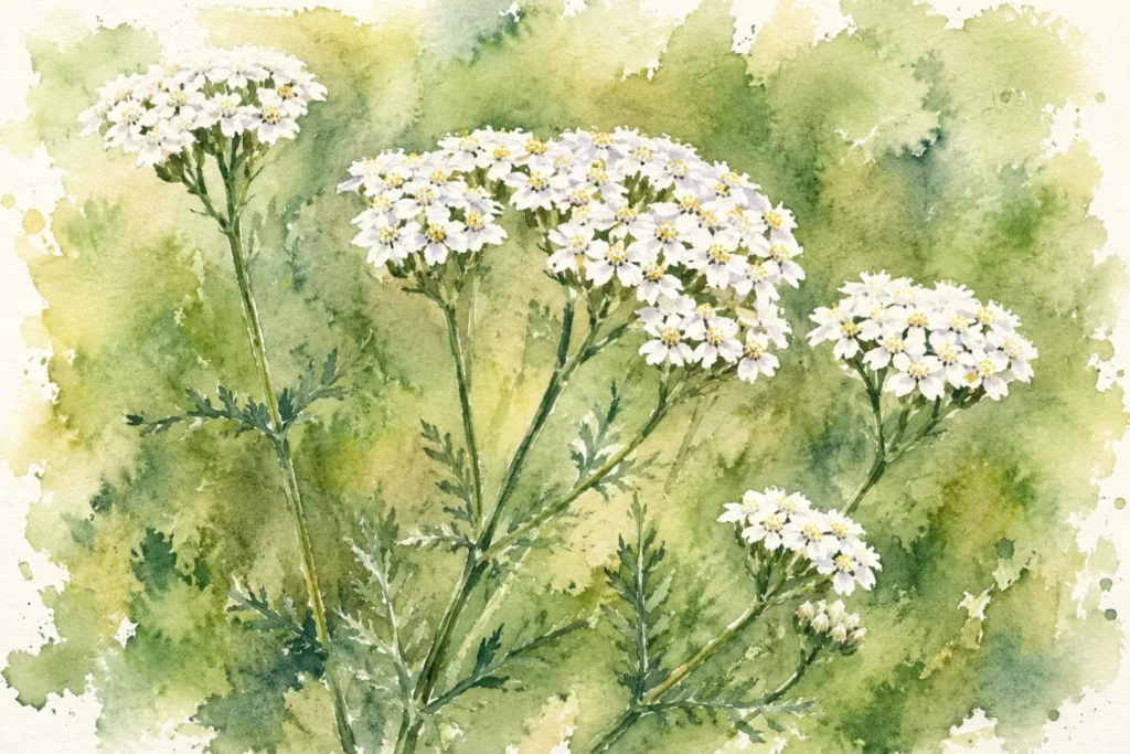 Botanische Aquarellillustration von weißen Schafgarbenblüten