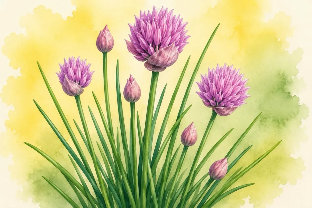 Aquarellillustration von Schnittlauch mit violetten Blütenkugeln