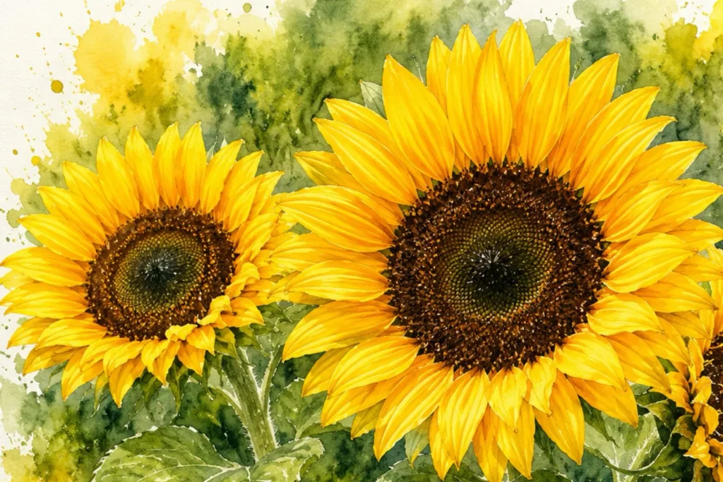 Botanische Aquarellillustration von leuchtenden Sonnenblumen