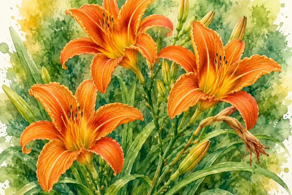 Botanische Aquarellillustration von orangefarbenen Taglilienblüten