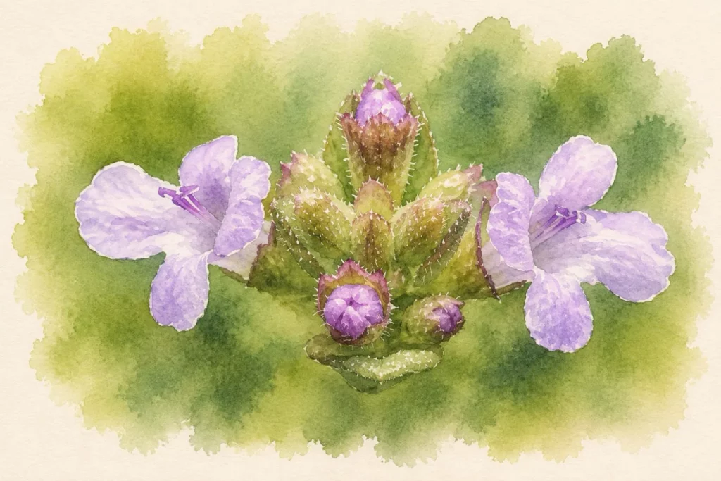 Zarte violette Thymianblüten als botanische Aquarellillustration vor kontrastreichem Hintergrund