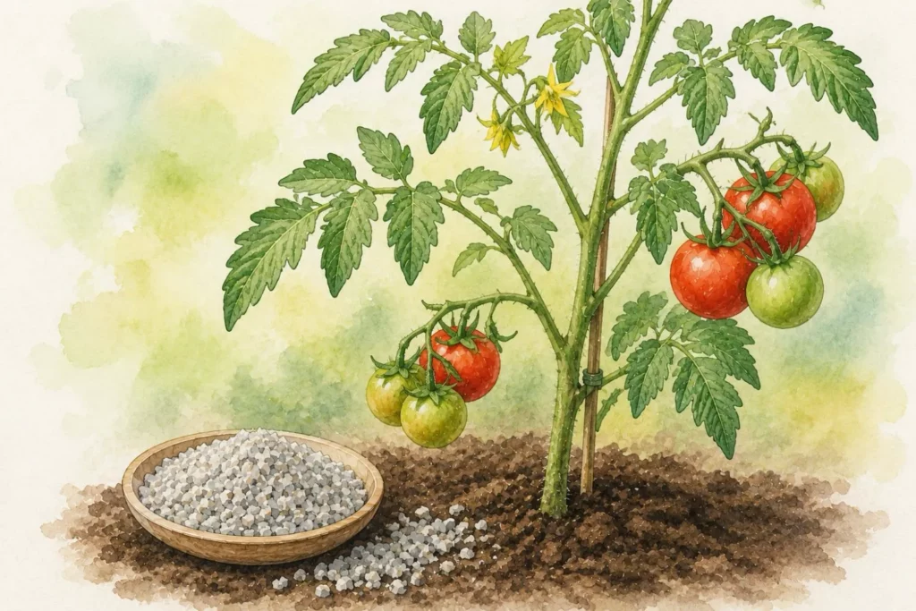 Tomatenpflanze mit Zeolith-Granulat zur Verbesserung der Wasser- und Nährstoffversorgung