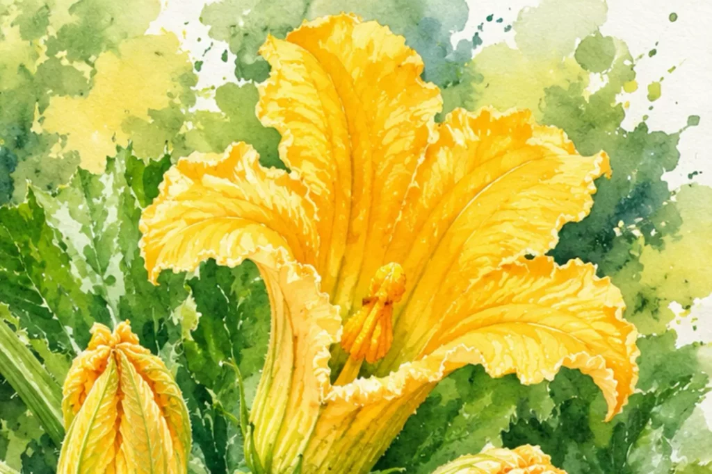 Botanische Aquarellillustration einer gelben Zucchiniblüte