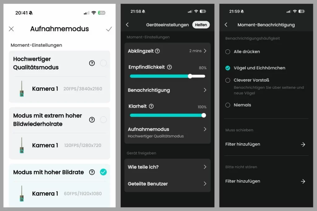 Einstellungen der Birdfy-App mit Aufnahmequalität, Empfindlichkeit und Benachrichtigungen.