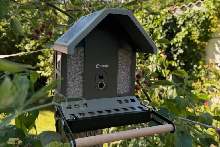 Birdfy Feeder Metal 2 4K im Test: Lohnt sich die neue Vogelfutterstation mit Kamera? Birdfy Feeder Metal 2 4K fertig montiert im Garten zwischen Sträuchern.